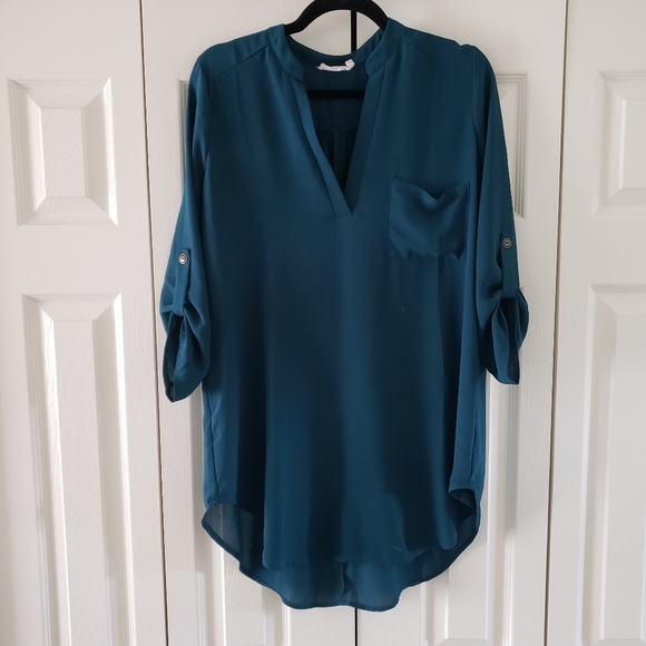 Lush Tops - Lush Teal Oversized V Neck Sheer Blouse Medium